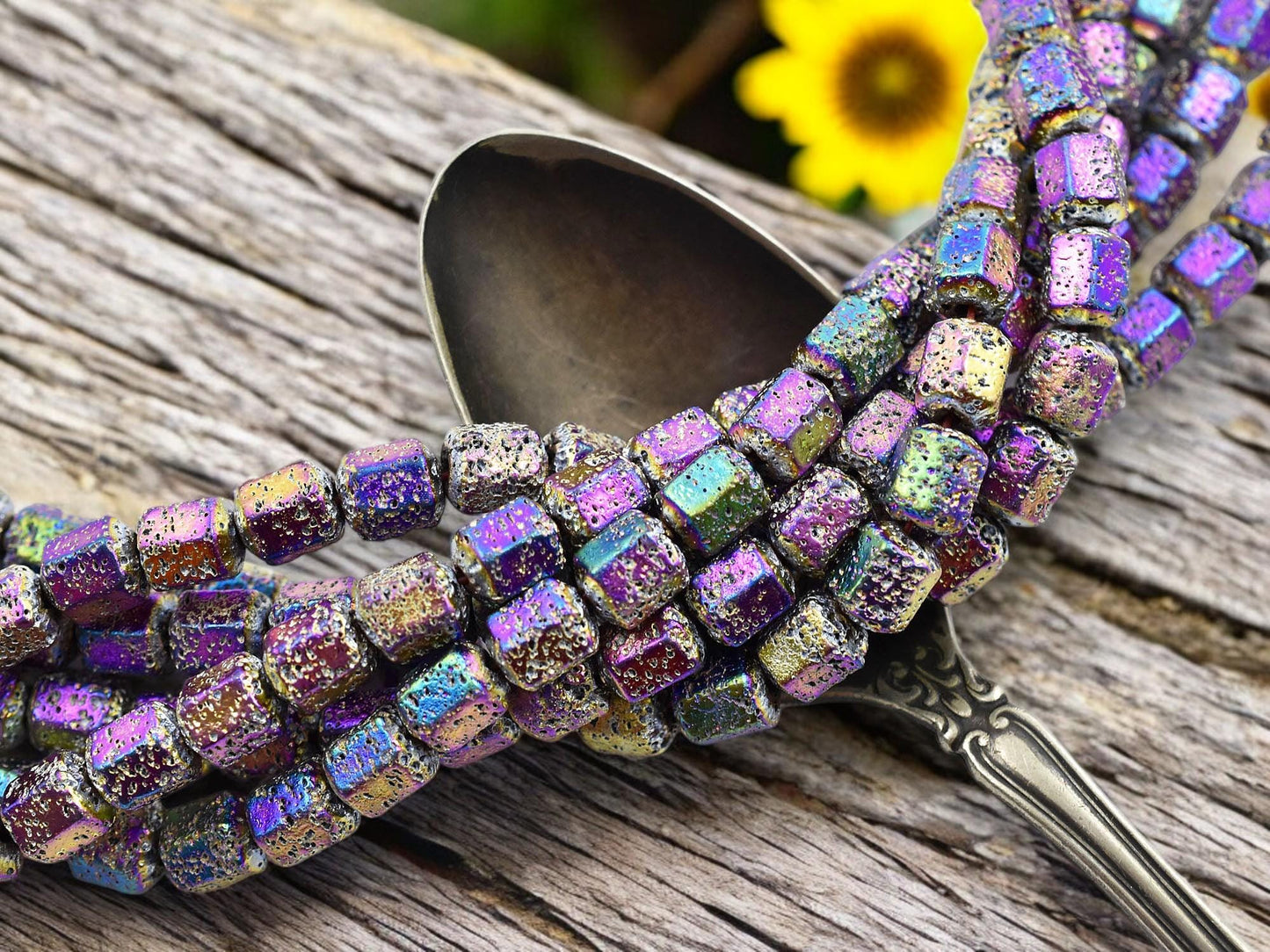 8x7mm Metallic Volcano Electroplated Lava Rock Hexagon Beads (15" Strand)