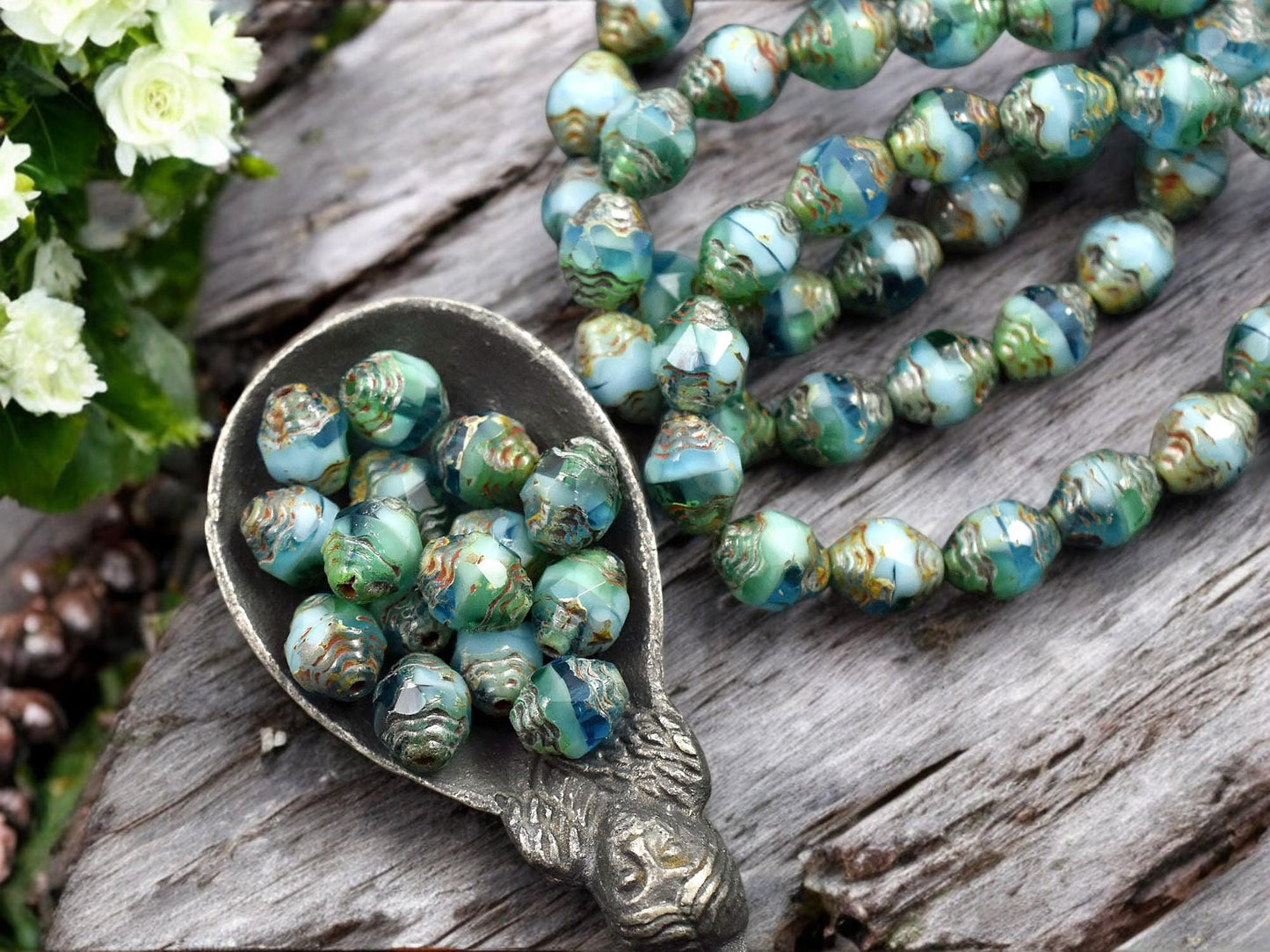 *15* 6x8mm Blended Turquoise Aqua Picasso Oval Cathedral Beads