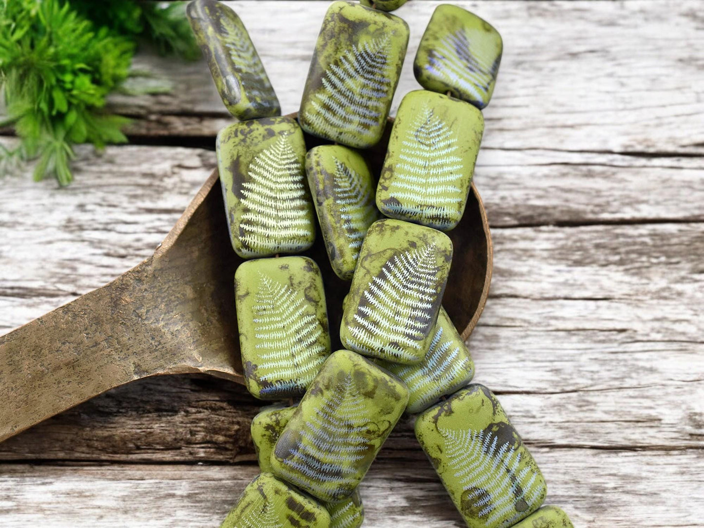 *6* 18x12mm Opaque Chartreuse Picasso AB Fern Leaf Laser Tattoo Rectangle Beads