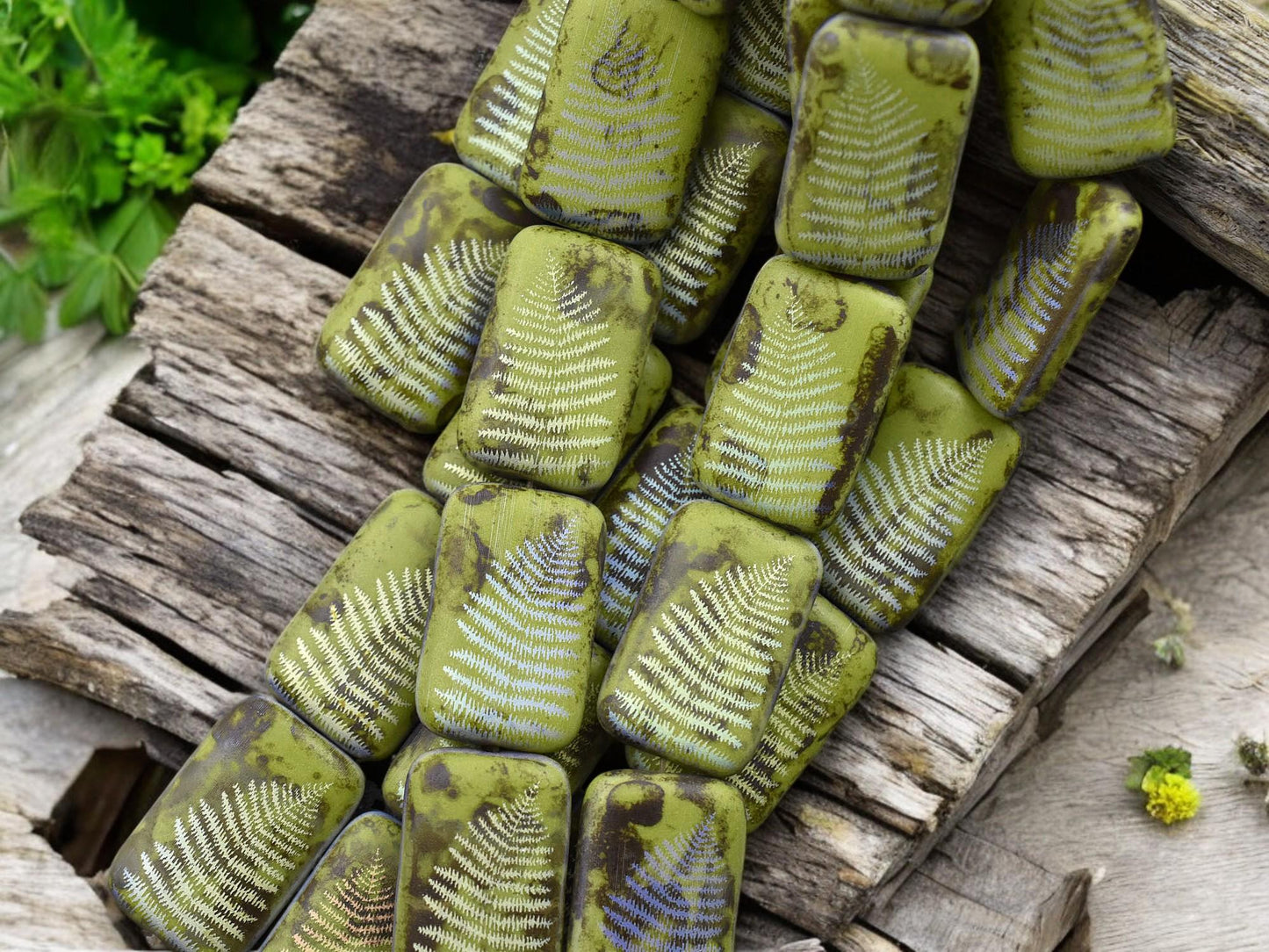*6* 18x12mm Opaque Chartreuse Picasso AB Fern Leaf Laser Tattoo Rectangle Beads