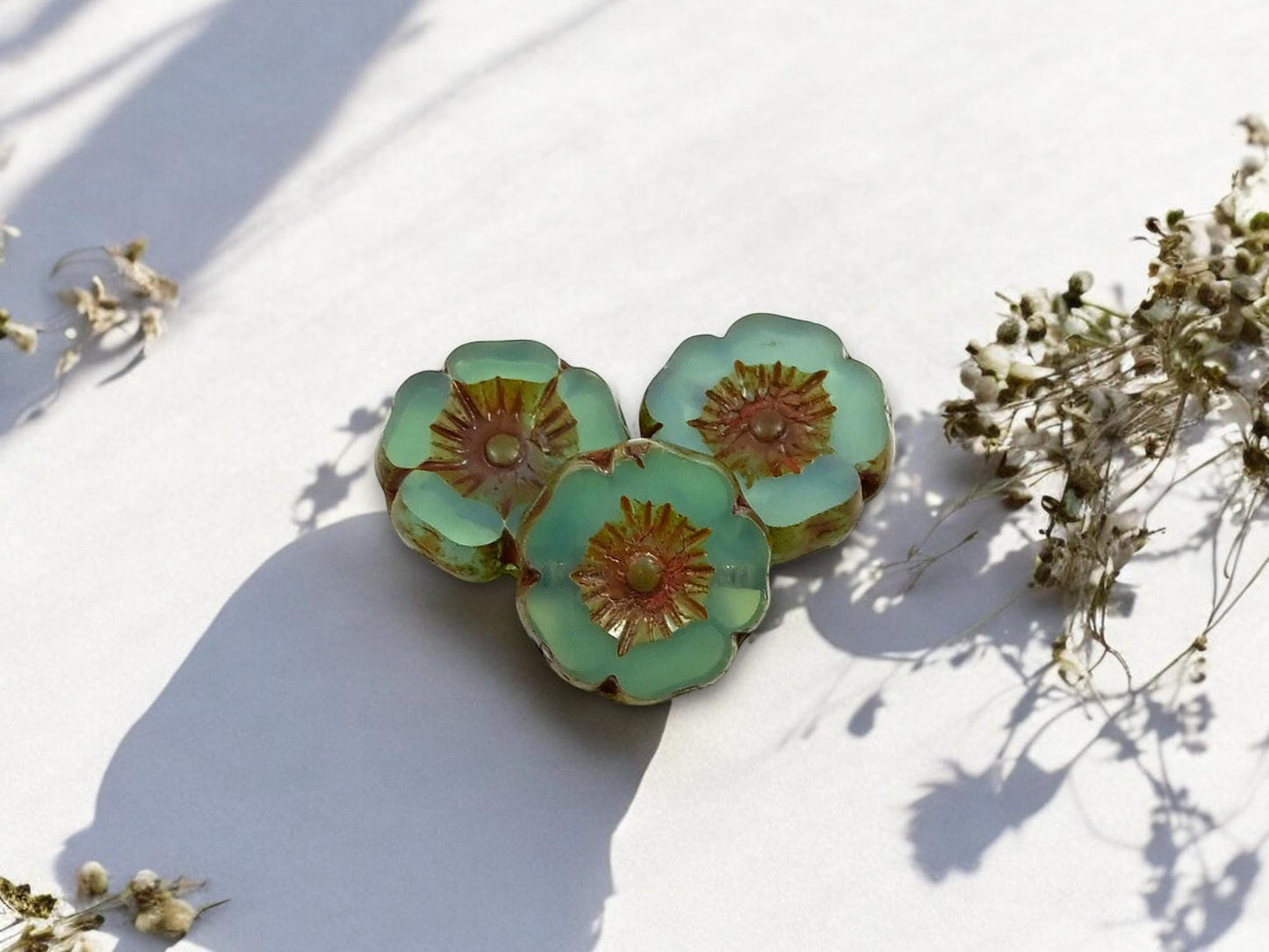 *12* 12mm Aqua Opaline Picasso Hawaiian Flower Beads