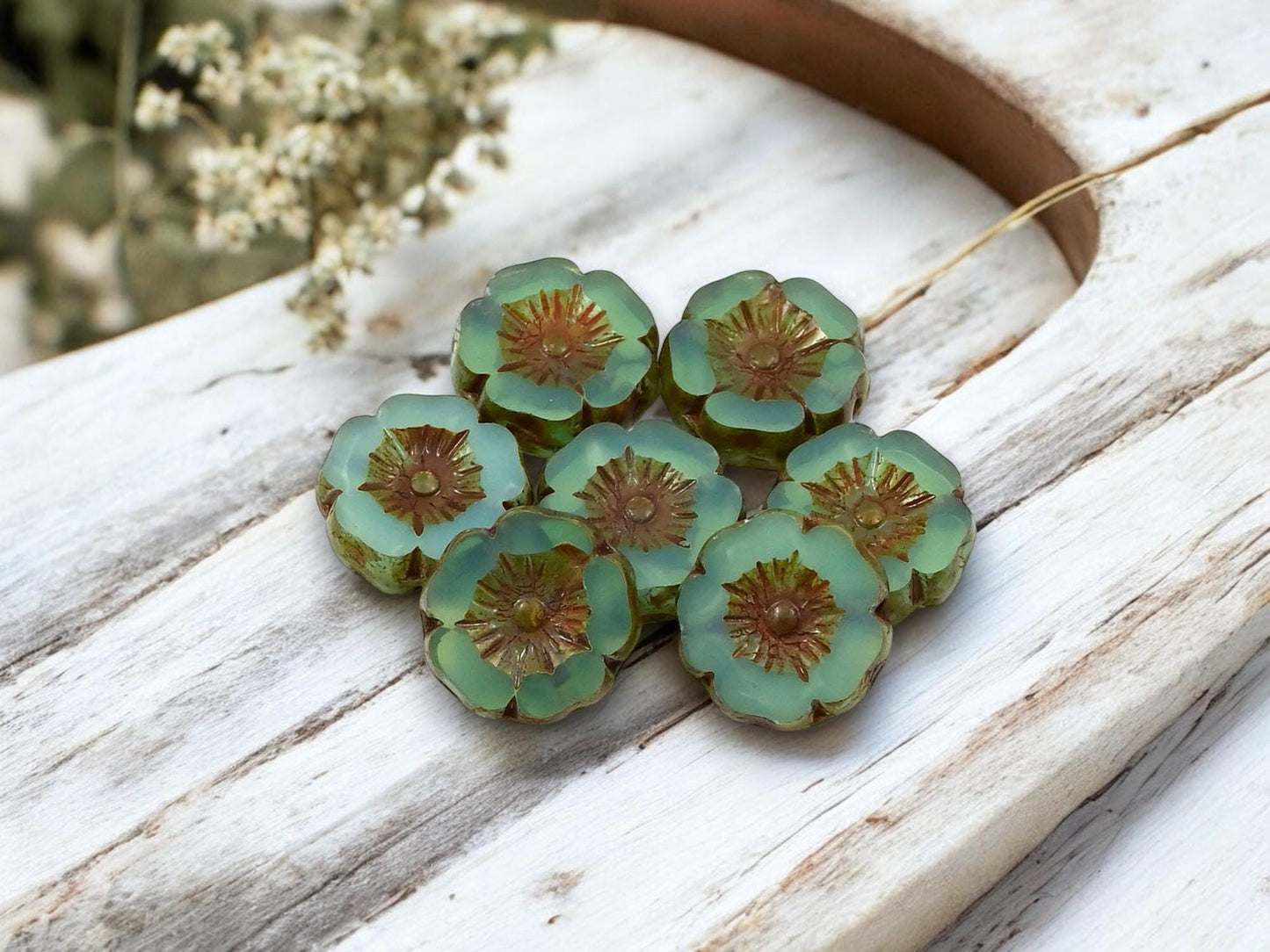 *12* 12mm Aqua Opaline Picasso Hawaiian Flower Beads