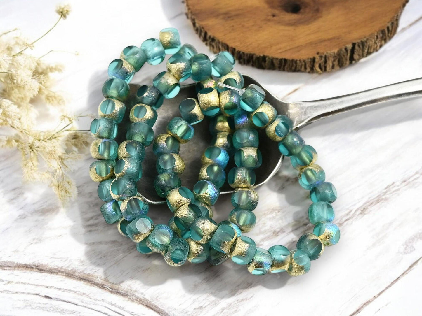 *25* 5mm Gold AB Etched Blue Aqua Trica Beads