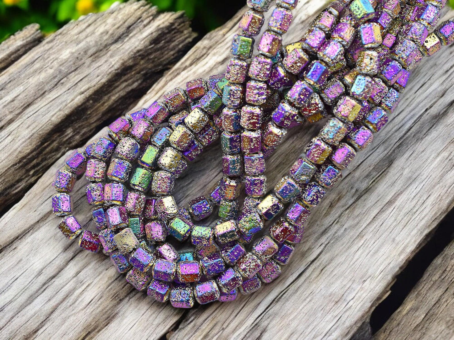 8x7mm Metallic Volcano Electroplated Lava Rock Hexagon Beads (15" Strand)