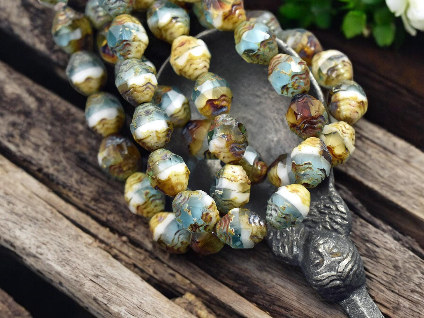 *15* 6x8mm Blended Aqua Topaz & White Picasso Oval Cathedral Beads