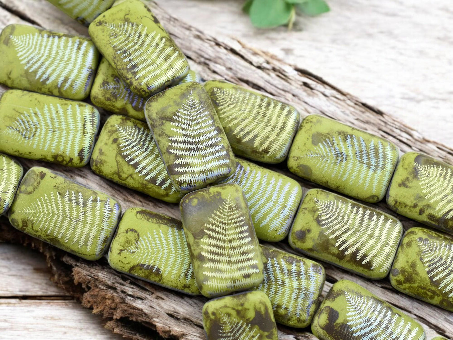 *6* 18x12mm Opaque Chartreuse Picasso AB Fern Leaf Laser Tattoo Rectangle Beads