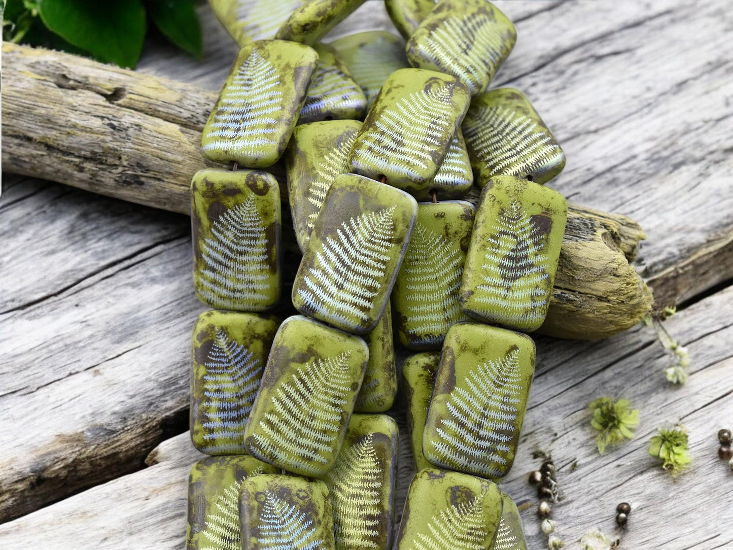 *6* 18x12mm Opaque Chartreuse Picasso AB Fern Leaf Laser Tattoo Rectangle Beads