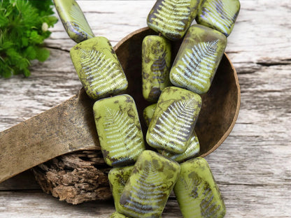 *6* 18x12mm Opaque Chartreuse Picasso AB Fern Leaf Laser Tattoo Rectangle Beads