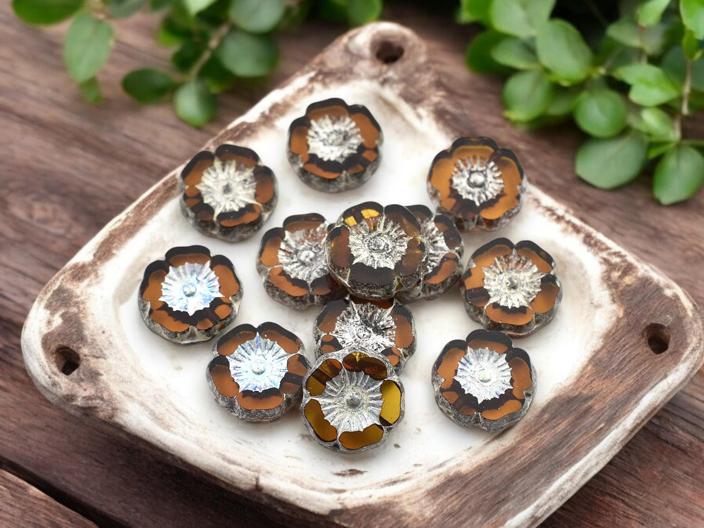*12* 12mm Antique Silver Washed Topaz AB Table Cut Hawaiian Flower Beads