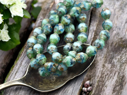 *15* 6x8mm Blended Turquoise Aqua Picasso Oval Cathedral Beads