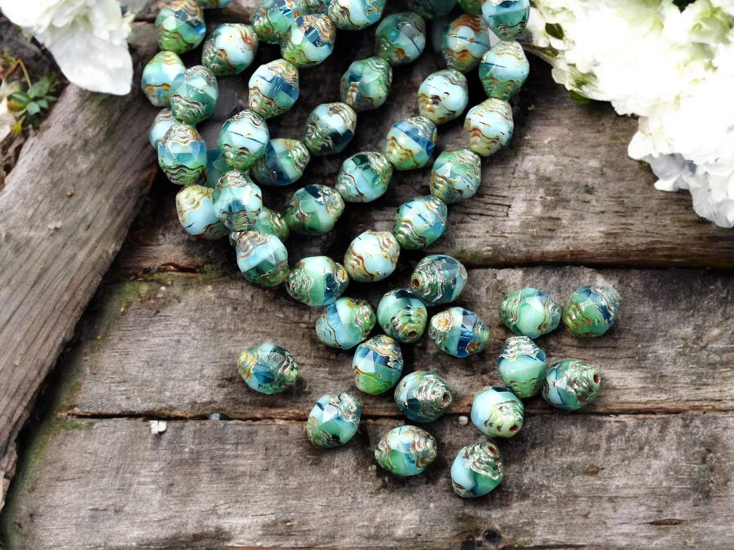 *15* 6x8mm Blended Turquoise Aqua Picasso Oval Cathedral Beads