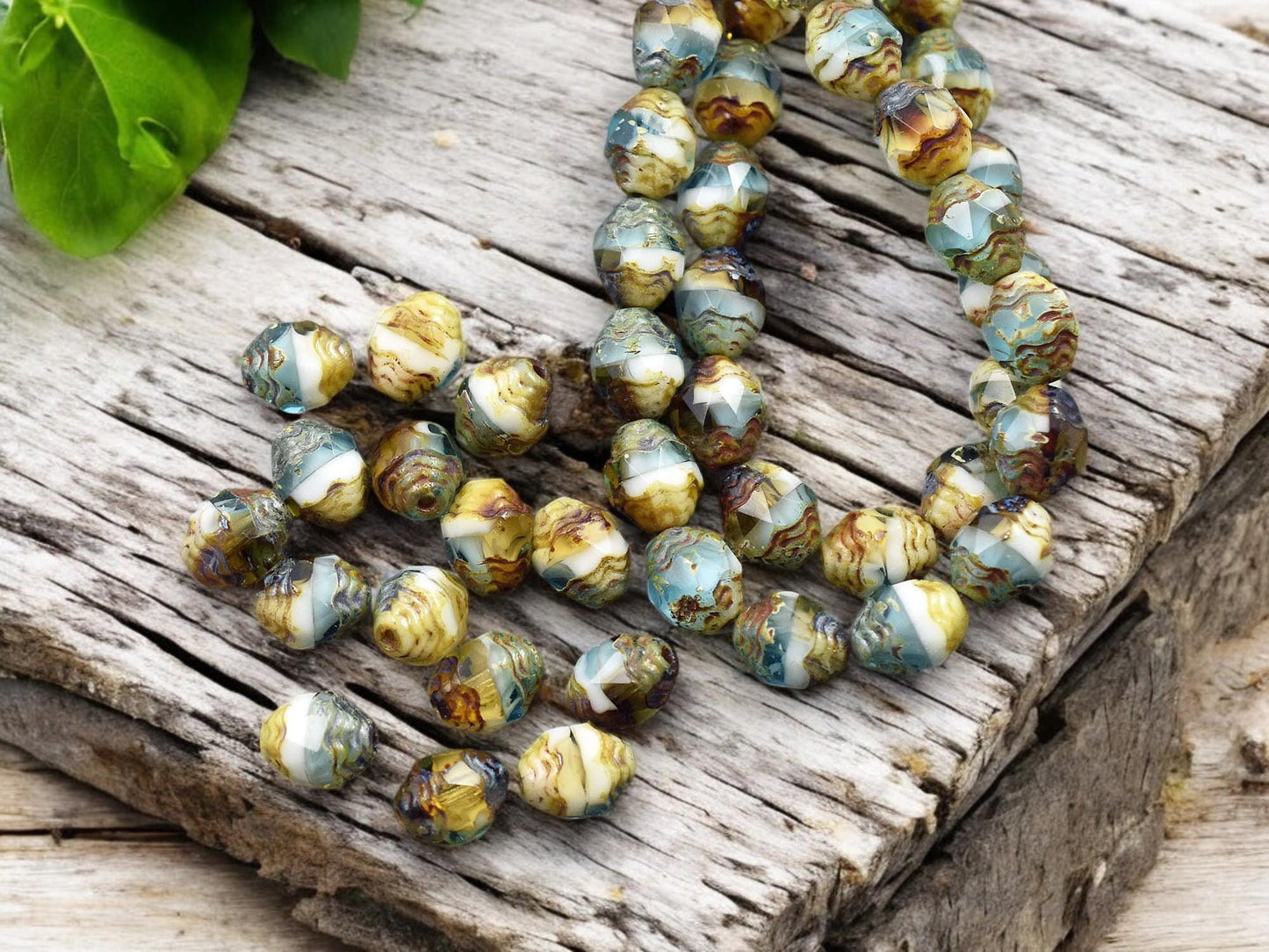 *15* 6x8mm Blended Aqua Topaz & White Picasso Oval Cathedral Beads