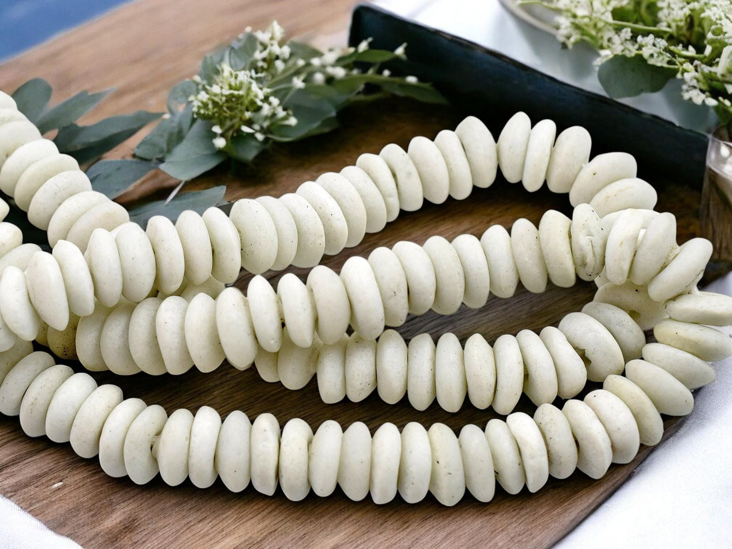 13~15mm Alabaster White Recycled African Glass Heishi Beads