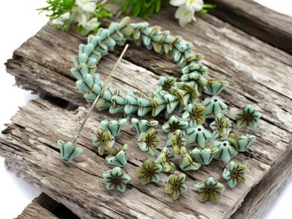 *25* 6x9mm Dark Bronze Washed Opaque Blended Turquoise Amber Bell Flower Beads