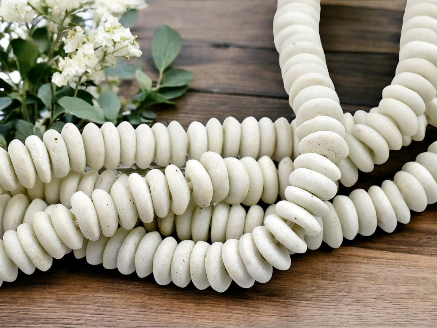 13~15mm Alabaster White Recycled African Glass Heishi Beads