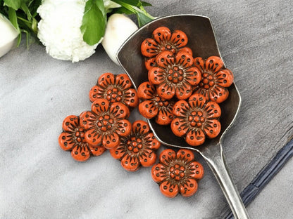 *12* 14mm Dark Bronze Washed Opaque Orange Wildflower Beads