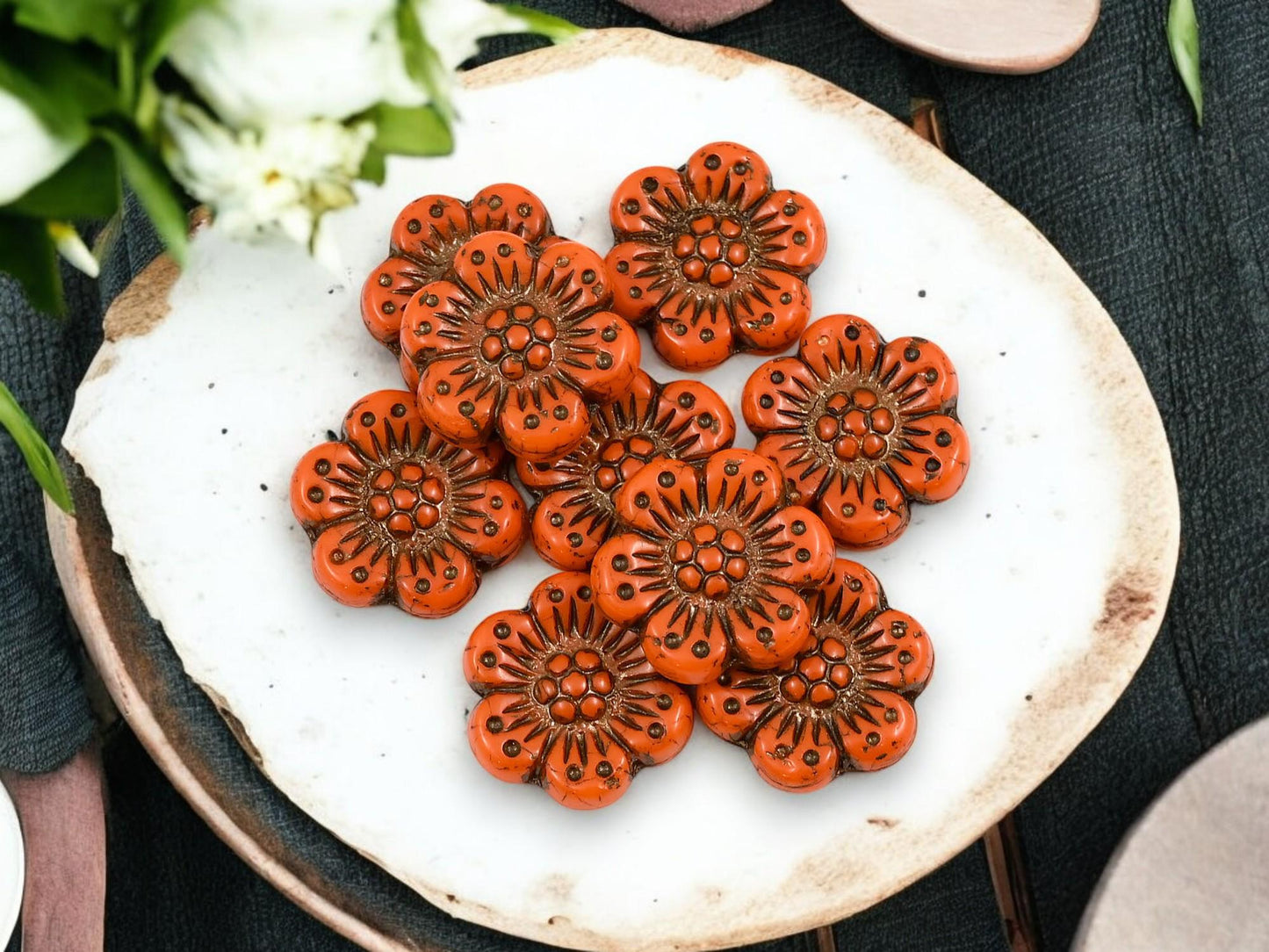 *12* 14mm Dark Bronze Washed Opaque Orange Wildflower Beads