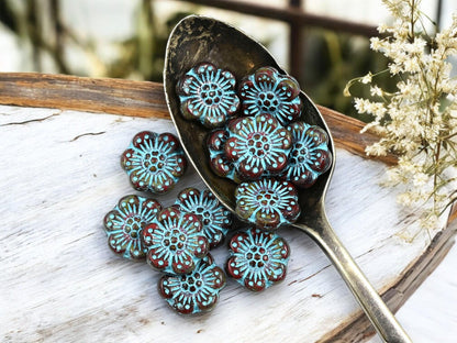 *12* 14mm Turquoise Washed Dark Red Picasso Wildflower Beads