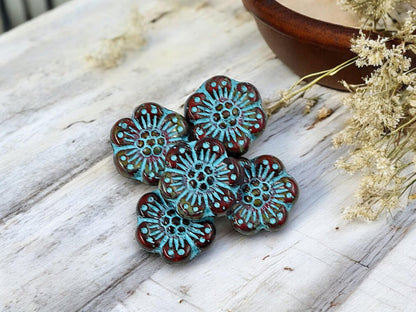 *12* 14mm Turquoise Washed Dark Red Picasso Wildflower Beads