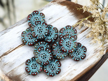 *12* 14mm Turquoise Washed Dark Red Picasso Wildflower Beads