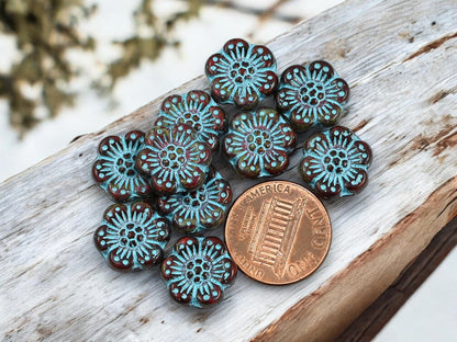 *12* 14mm Turquoise Washed Dark Red Picasso Wildflower Beads