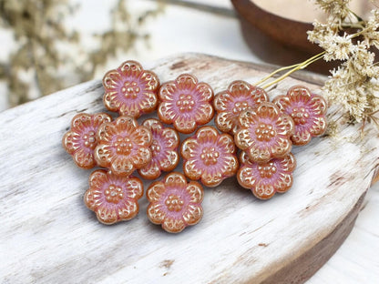 *12* 14mm Antique Silver Lustered Pink Silk Wildflower Beads