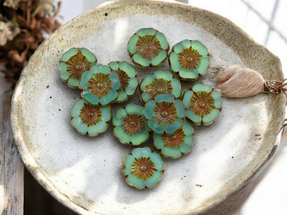 *12* 12mm Aqua Opaline Picasso Hawaiian Flower Beads