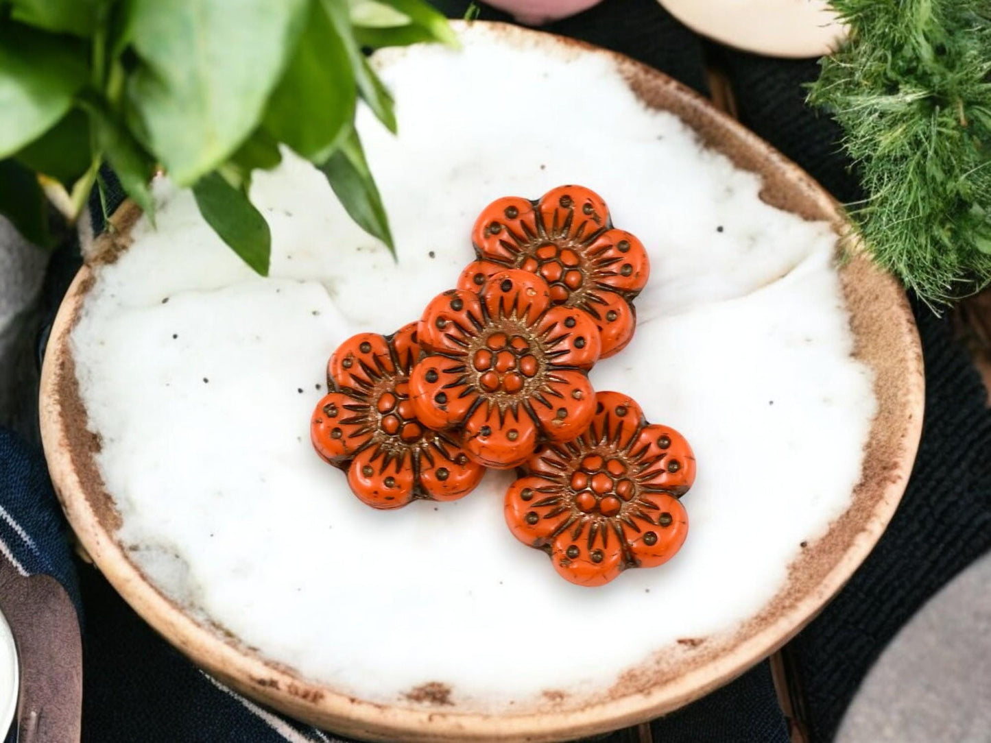 *12* 14mm Dark Bronze Washed Opaque Orange Wildflower Beads