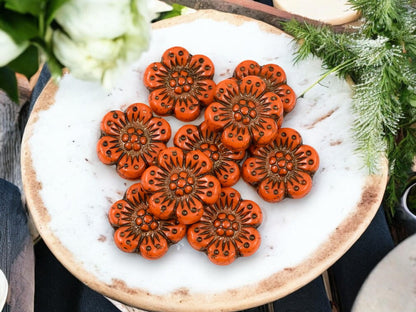 *12* 14mm Dark Bronze Washed Opaque Orange Wildflower Beads
