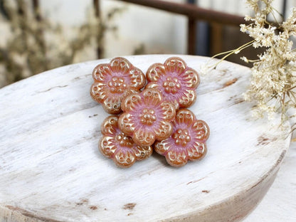 *12* 14mm Antique Silver Lustered Pink Silk Wildflower Beads