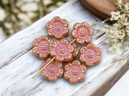 *12* 14mm Antique Silver Lustered Pink Silk Wildflower Beads