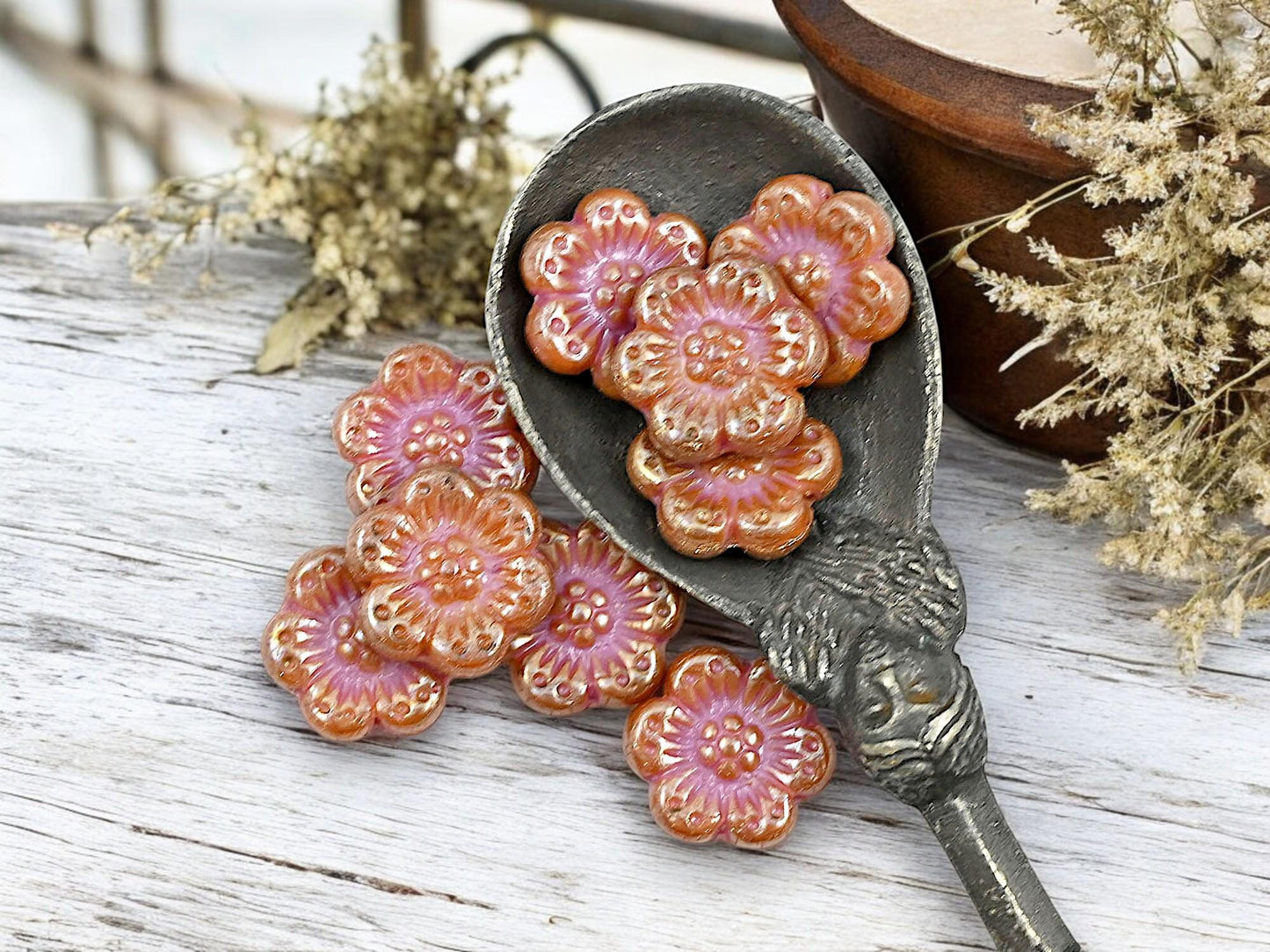 *12* 14mm Antique Silver Lustered Pink Silk Wildflower Beads