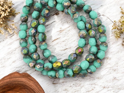 *25* 6mm Metallic Rainbow Etched Opaque Turquoise Fire Polished Round Beads