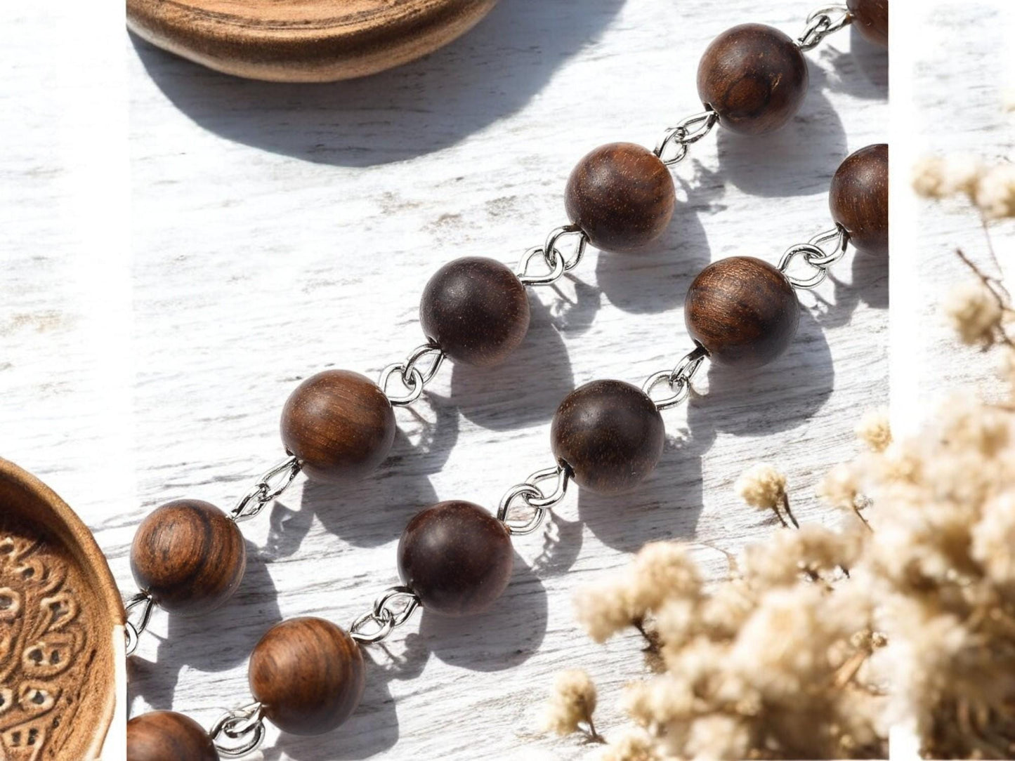 Beaded Chain - 8mm Coffee Brown Round Bead w/ Silver Links (3.25 ft)