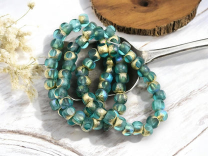 *25* 5mm Gold AB Etched Blue Aqua Trica Beads