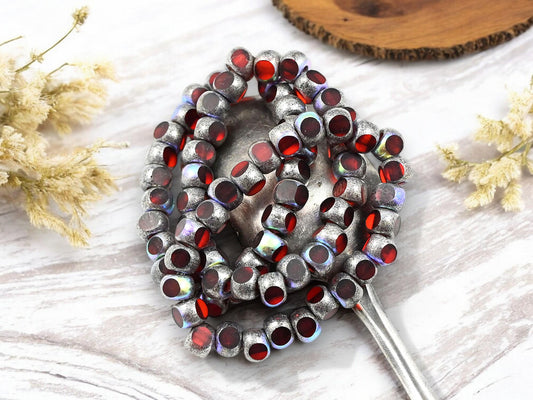 *25* 5mm Antique Silver AB Washed Ruby Red Beads