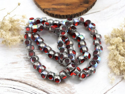 *25* 5mm Antique Silver AB Washed Ruby Red Beads