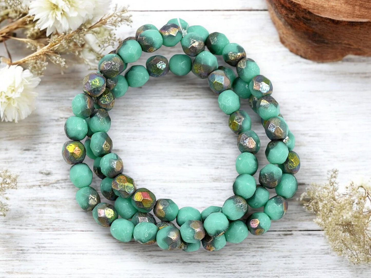*25* 6mm Metallic Rainbow Etched Opaque Turquoise Fire Polished Round Beads