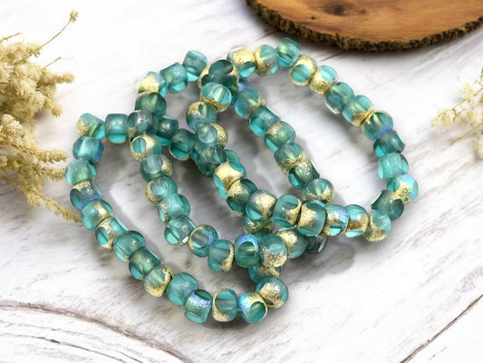 *25* 5mm Gold AB Etched Blue Aqua Trica Beads