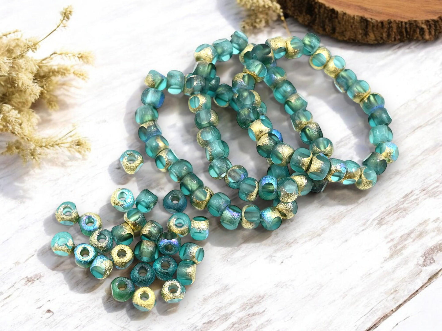*25* 5mm Gold AB Etched Blue Aqua Trica Beads