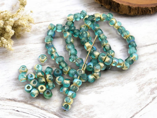 *25* 5mm Gold AB Etched Blue Aqua Trica Beads