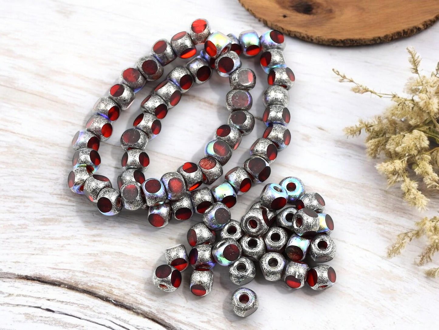 *25* 5mm Antique Silver AB Washed Ruby Red Beads