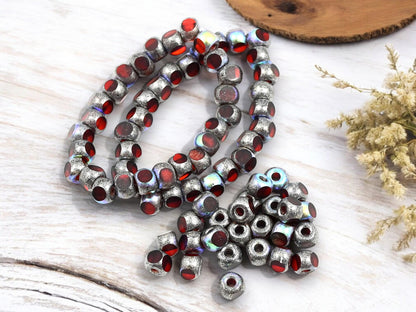 *25* 5mm Antique Silver AB Washed Ruby Red Beads