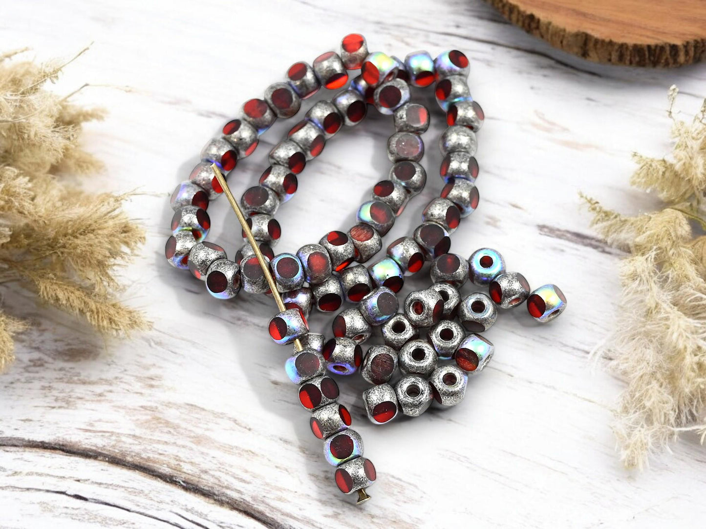 *25* 5mm Antique Silver AB Washed Ruby Red Beads
