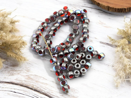 *25* 5mm Antique Silver AB Washed Ruby Red Beads