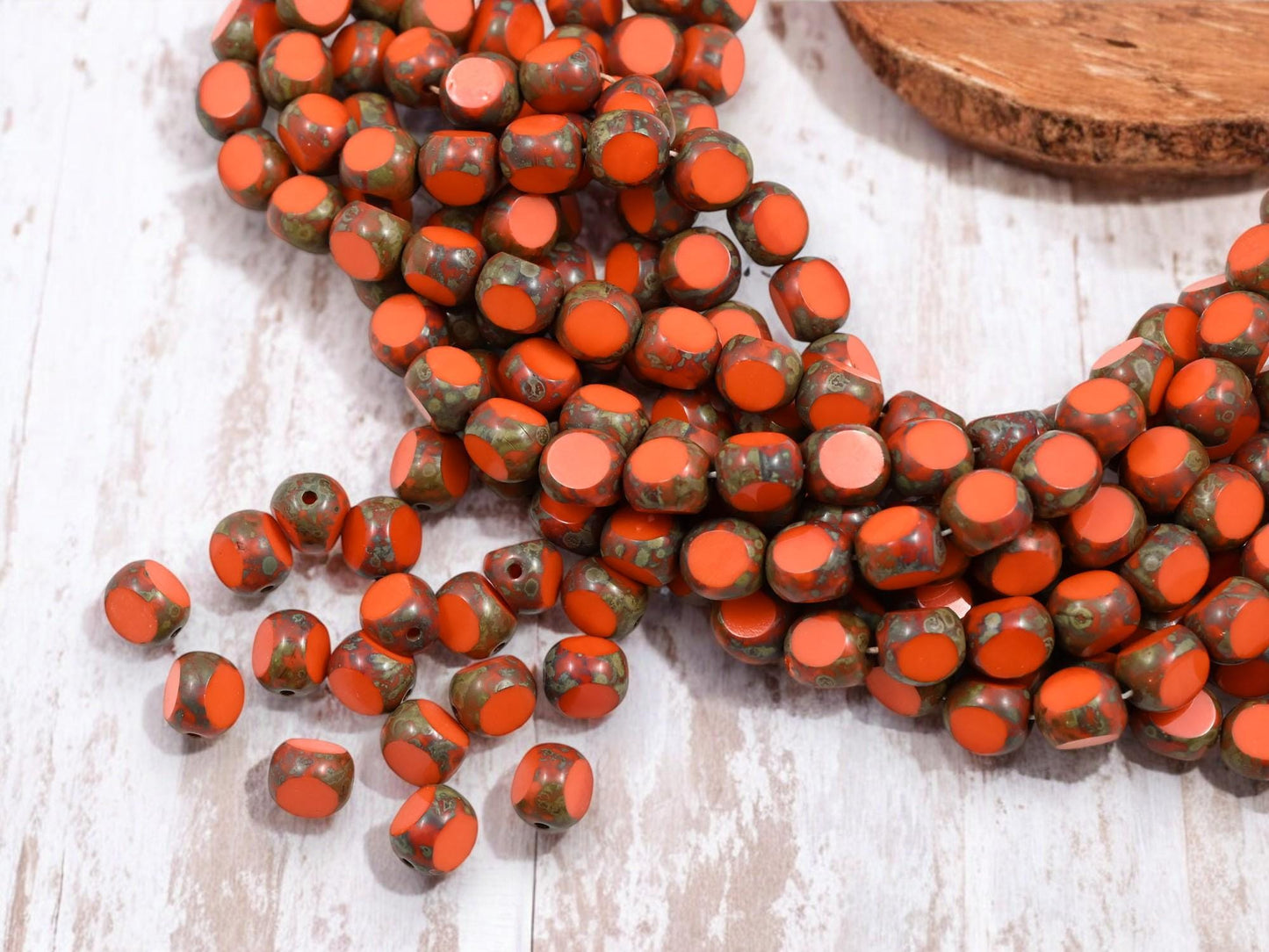 *25* 8mm Opaque Orange Picasso 3 Cut Round Beads