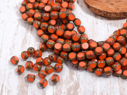 *25* 8mm Opaque Orange Picasso 3 Cut Round Beads