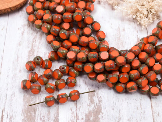 *25* 8mm Opaque Orange Picasso 3 Cut Round Beads